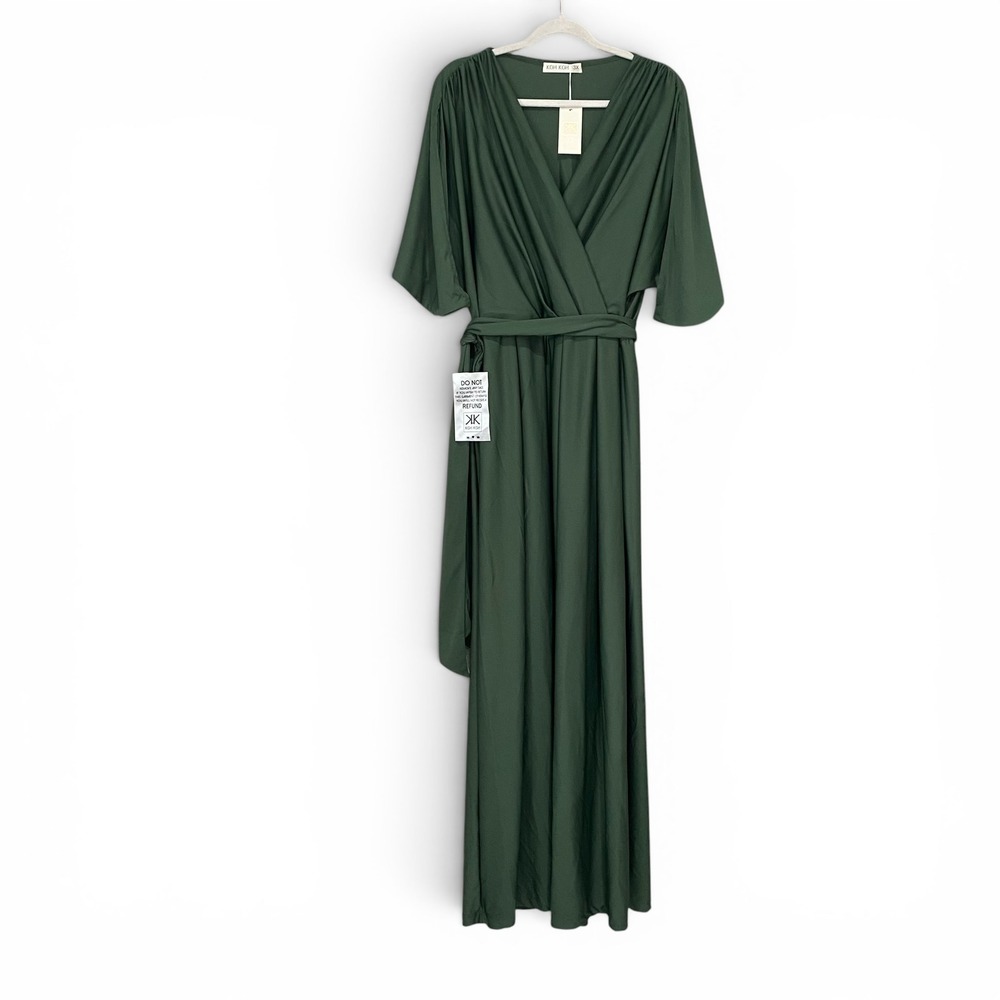 KOH KOH Maxi Dress Womens 3X Olive Green Wrap V-Neck Short Sleeve Belted Gown